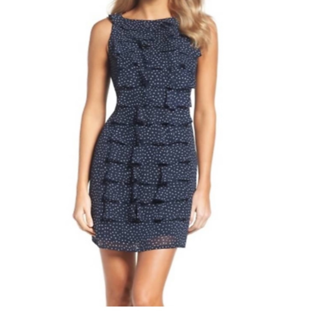 Adrianna Papell Navy And White  Polka Dot Ruffle Sheath Dress